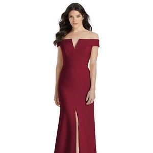 Dessy Collection Notched Off Shoulder Trumpet Dress Burgundy NWT